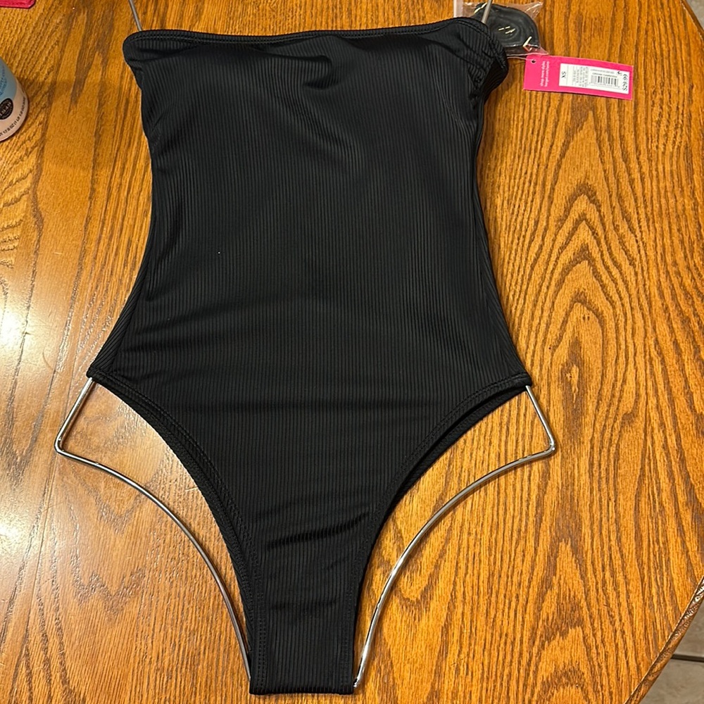 Xhilaration-Black, ribbed, bandeau, tube one piece with optional shoulde…